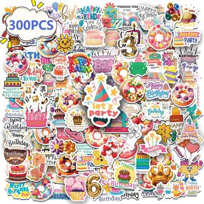 300张生日蛋糕贴纸，可爱卡通贴纸，适用于生日派对装饰、水瓶、笔记本电脑、滑板、派对用品、行李箱，乙烯基防水贴纸，适合青少年和成人，春季、复活节装饰、返校礼物