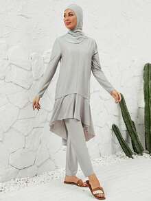 VFJ Women's Casual Crew Neck High-Waisted Burkini Three Pieces Set, Full-Coverage Hooded Swimwear. - Grey - View 3