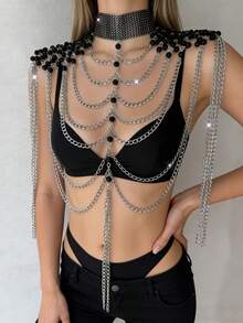 1pc Gothic Style Sexy Black Spaghetti Strap Metal Tassel Chain Body Chain, Luxury Shoulder Chain, Fashion Queen Party Outfit - Black - View 2