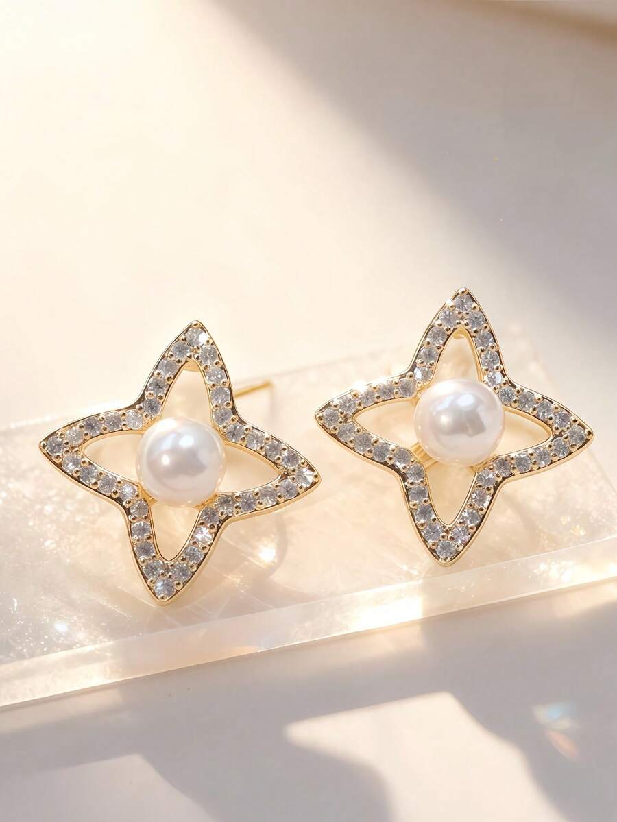 1对可爱星星耳钉，时尚日常及派对佩戴耳环，女士款 - 金色 - 查看 1