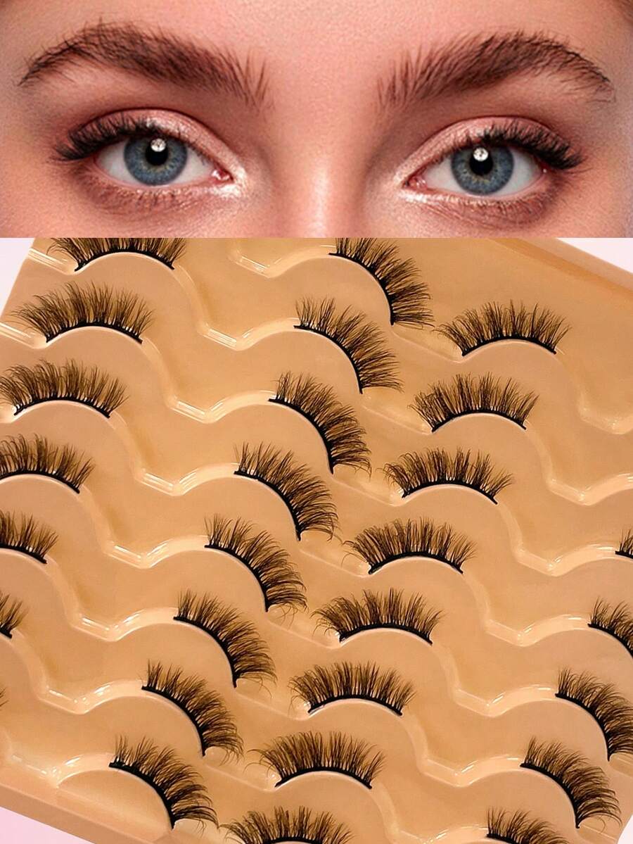 ENCHUW 16对半假睫毛，自然妆效，漫画风格，纤细卷翘，仿貂毛材质，适合派对佩戴 - 黑色 - 查看 1