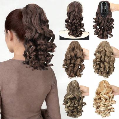 14-Inch Short Wavy Ponytail Hair Extensions, Synthetic Clip-In Ponytail Hair Piece, Suitable For Women's Daily Wear, Available In Brown/Blonde