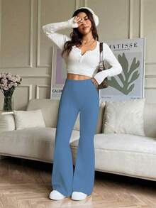 Quần ống loe cạp cao co giãn, quần legging thể thao yoga, quần lót nén, quần chạy bộ thể dục, quần thể thao thoáng khí nhanh khô, mùa xuân/hè - Xanh da trời - Xem 3