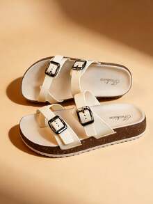 A Pair Of 2026 New Women's Casual Buckle Slippers, Thick Soled Toe Clip On Sandals, Comfortable Beach Women's Shoes - White - View 5