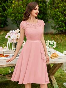 MIUSOL Elegant Solid Color Lace Patchwork Ruffle Hem Cocktail Party Dress Wedding Pink Spring - Pink - View 6