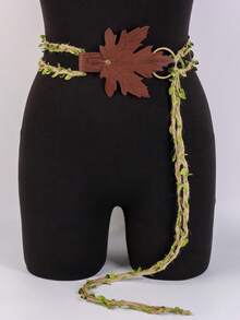 一套绿色叶子手工编织绳和PU皮革扣环，复古维京市场LARP精灵森林角色扮演服装道具DIY挂绳，文艺复兴时期万圣节、狂欢节、斋月配饰 - 彩色 - 查看 3