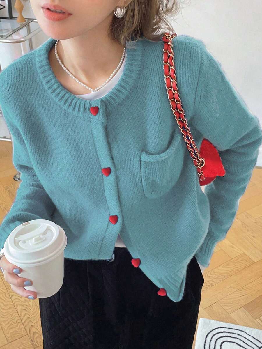 女士休闲简约韩版撞色纽扣圆领毛衣开衫,秋冬款 - 水藍 - 查看 1