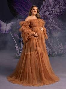 Faeriesty Elegant Maternity Plus Size Soft Brown Off-Shoulder Bell Sleeve Maxi Party Gown | Sheer Mesh & Tulle Fabric, Ruffle Detailing At Neckline Spring - Rust Brown - View 9