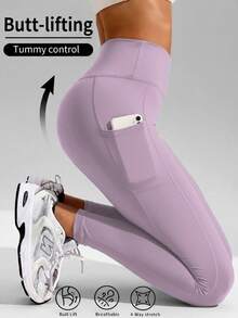 High-Waisted Yoga Pants With Pockets, Featuring A Solid Color, Soft Fabric, Excellent Elasticity, Medium Support, And A High-Waisted Design That Lifts And Shapes The Buttocks. Suitable For Running, Fitness, And Casual Wear. - 淡紫色 - 查看 1