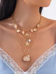 3件套海洋度假风几何链项链，饰有贝壳、海星、扇贝和仿珍珠吊坠，优雅奢华，适合婚礼、派对、海滩、日常休闲、街头风格，女士及情侣礼物 - 金色 - 查看 3
