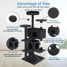 Tall 54" Dark Gray Cat Tree Tower. Multi-Level Indoor Activity Center With Cozy Condos & Plush Perches. Features Sisal Scratching Posts To Protect Furniture & Engaging Hanging Toys For Endless Feline Fun. - Dark Grey - View 3