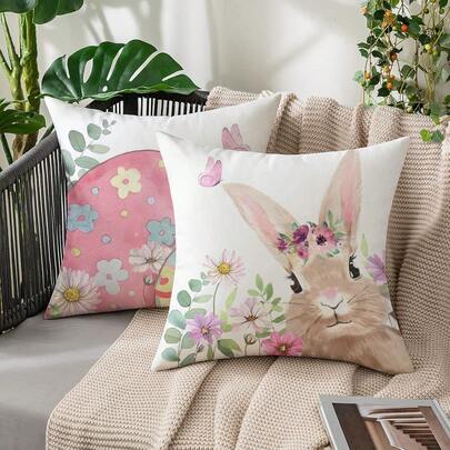 2pcs Easter Style Pillow Covers, Easter Eggs & Bunny Print Pattern, Super Soft Material Cushion Cases With Invisible Zipper Closure, Machine Washable, Home Decorative Throw Pillow Covers For Sofa, Living Room, Bedroom, No Pillow Insert