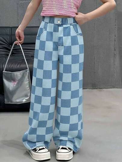 Tween GirlsCheckered Print Loose Straight Leg Jeans, Casual Pants, Spring/Summer