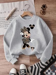 1pc Disney Minnie Mouse Leopard Pattern Retro Vibe Sweatshirt For Tween Girls, Stylish & Comfortable Versatile Pullover For School & Weekend Outings - 灰色 - 查看 1