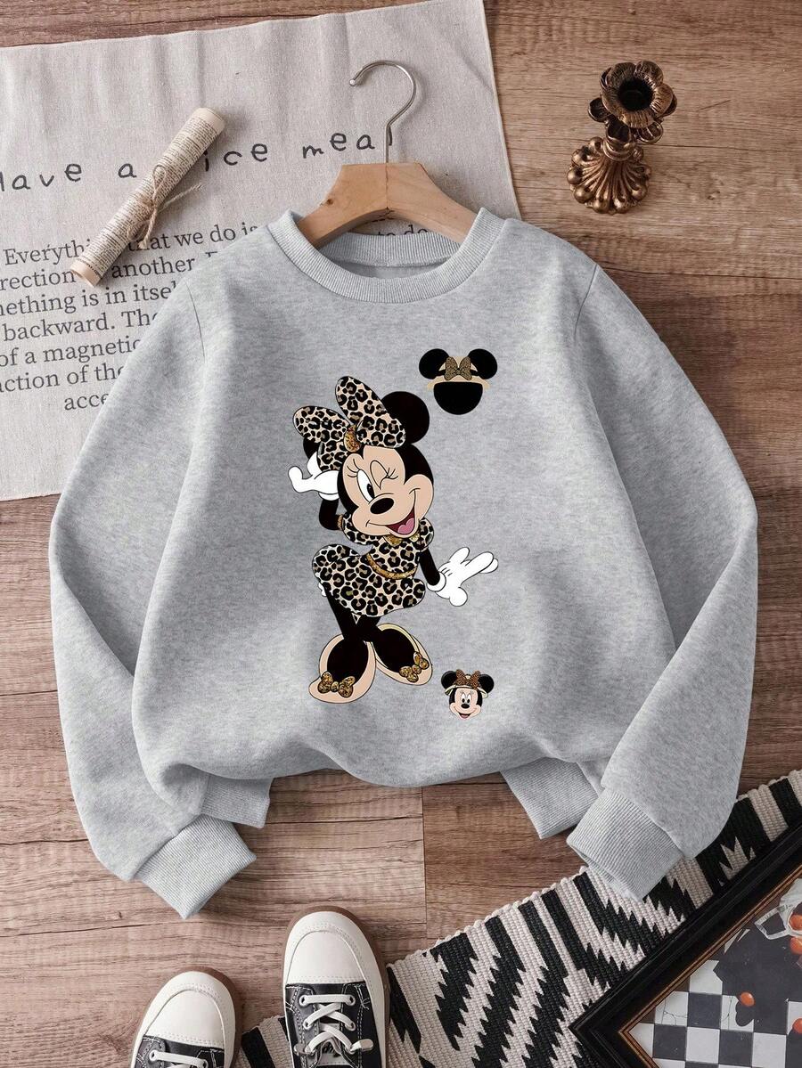 1pc Disney Minnie Mouse Leopard Pattern Retro Vibe Sweatshirt For Tween Girls, Stylish & Comfortable Versatile Pullover For School & Weekend Outings - 灰色 - 查看 1