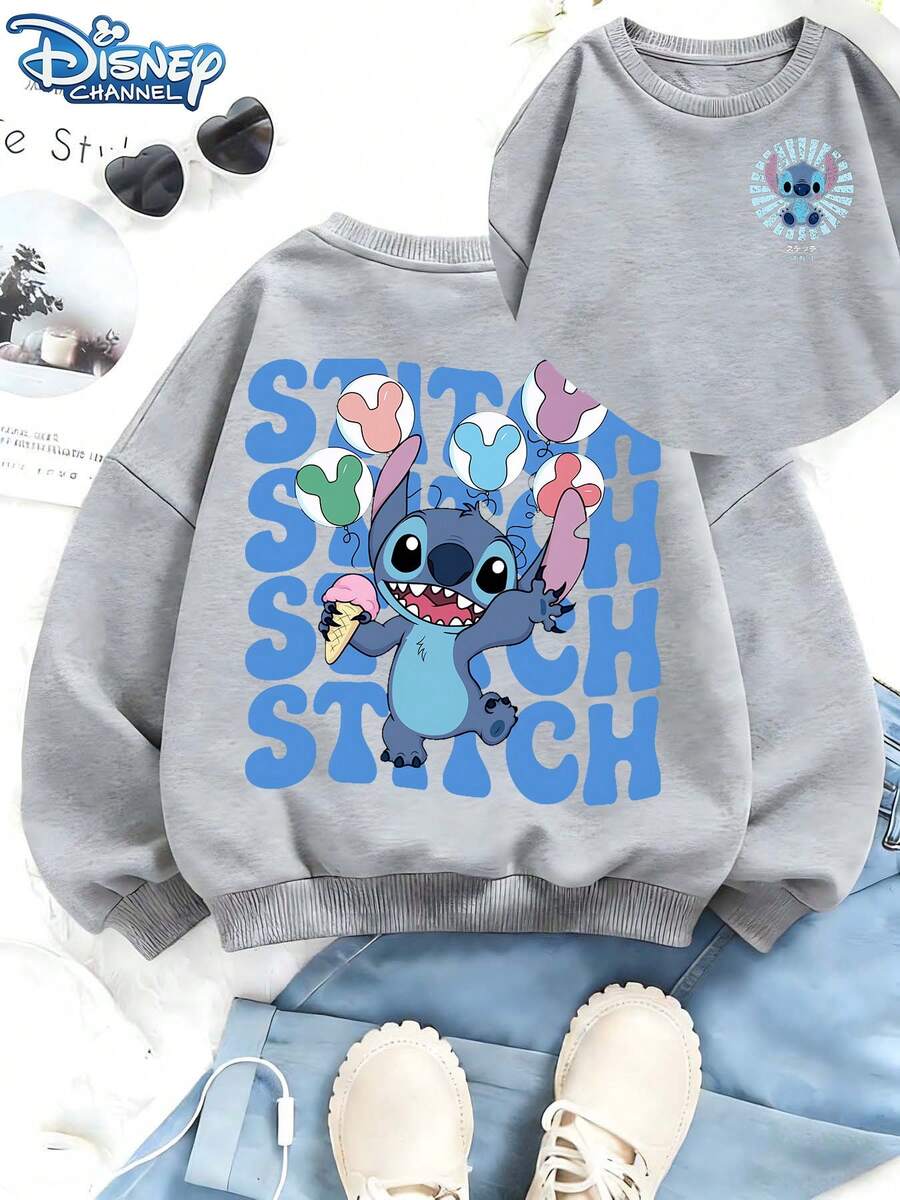This Ice Cream-Themed Sweatshirt Incorporates The Image Of Disney's Classic Character Stitch, Showcasing A Lively, Playful, And Cheerful Cartoon Style. The Overall Design Is Fun And Energetic. Made From Soft And Warm Fabric, It's Suitable For Everyday Wear, Family Outings, And Various Other Occasions. - 灰色 - 查看 1