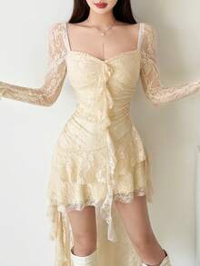 顶级炫彩纯色高腰时尚方领长袖蕾丝拼接连衣裙 - 黃色 - 查看 2