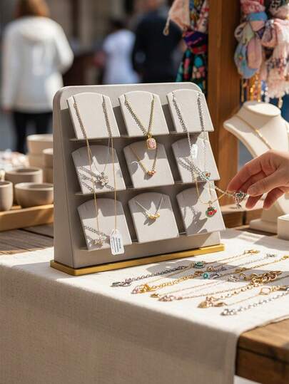 9-Grid Velvet Necklace Display Stand, Luxury Gold Base Jewelry Organizer, Jewelry Store Display Prop