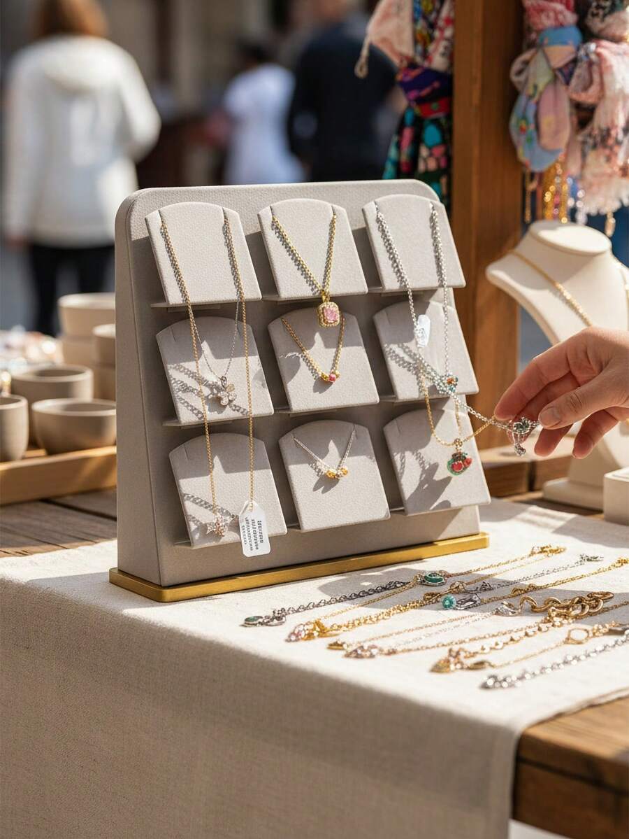 9-Grid Velvet Necklace Display Stand, Luxury Gold Base Jewelry Organizer, Jewelry Store Display Prop - Grey - View 1