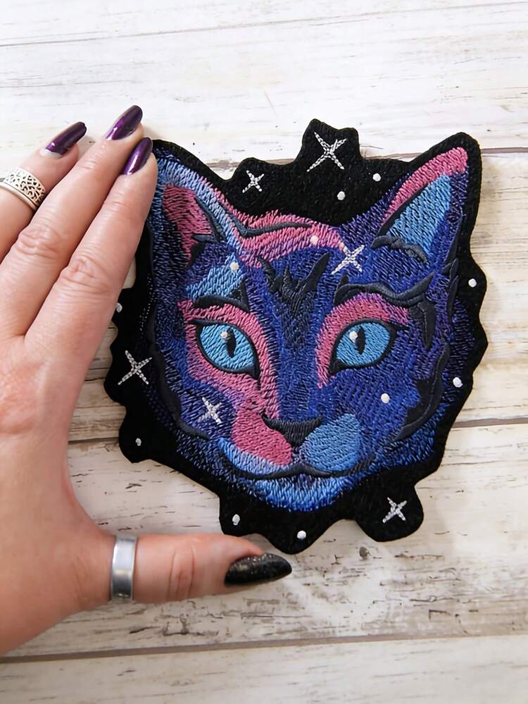 1pc Galaxy Cat/Cosmic Cat/Space Cat Embroidered Patch, Dreamy Cat Design With Fantastical Stars, Sew Or Iron-On, Suitable For DIY Clothing, Hats, Shoes, Bags, A Whimsical DIY Gift And Craft For Cat Lovers And Sci-Fi Fans - Cat Head - View 5
