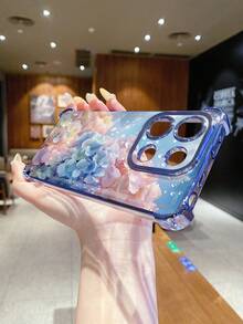 1个水滴蓝粉花朵防摔电镀摄像头保护手机壳，UV印刷，适用于三星Galaxy/Infinix/Redmi/OPPO/VIVO/Realme安卓机型 - 藍色 - 查看 4