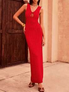 Đầm dệt kim nữ thanh lịch, thoải mái, cổ chữ V khoét eo, buộc dây, dáng dài không tay, chất liệu mỏng nhẹ, phong cách bohemian, hoàn hảo cho bãi biển, kỳ nghỉ ven biển, trang phục mùa xuân. - Đỏ - Xem 5