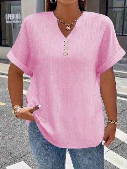 Plus Size Elegant V-Neck Short Sleeve Solid Color Casual Button-Up T-Shirt Top For Women Pink Summer