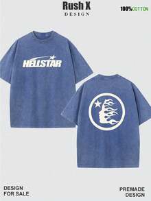 Men's Pattern Washed T-Shirt - Double Sided Printing, 100% Cotton, Short Sleeved, Summer Casual T-Shirt, Black With White Star Design, Loose Fit, Machine Washable, Daily T-Shirt | Loose Fit Shirt | 100% Cotton T-Shirt, Cotton T-Shirt - 寶藍色 - 查看 1