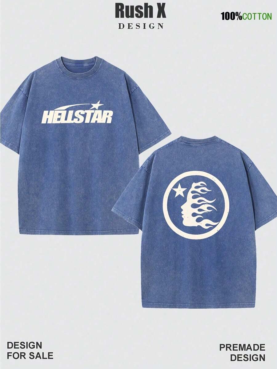 Men's Pattern Washed T-Shirt - Double Sided Printing, 100% Cotton, Short Sleeved, Summer Casual T-Shirt, Black With White Star Design, Loose Fit, Machine Washable, Daily T-Shirt | Loose Fit Shirt | 100% Cotton T-Shirt, Cotton T-Shirt - 寶藍色 - 查看 1