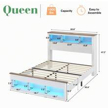 Wood Platform Bed Frame With Bookcase Storage Headboard And Footboard, Farmhouse Bed With LED Light ,Full/Queen/King Size - 白色 - 查看 9