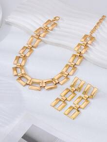 一套百搭精致几何镂空方形金属链项链耳环首饰套装，节日及假期送给女性的礼物 - 金黃色 - 查看 3