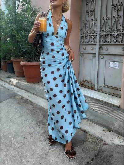 Women Chiffon Polka Dot Printing Halter Elegant Sleeveless Backless Skinny Pleated Beach Evening Cocktail Maxi Dress Party Wear