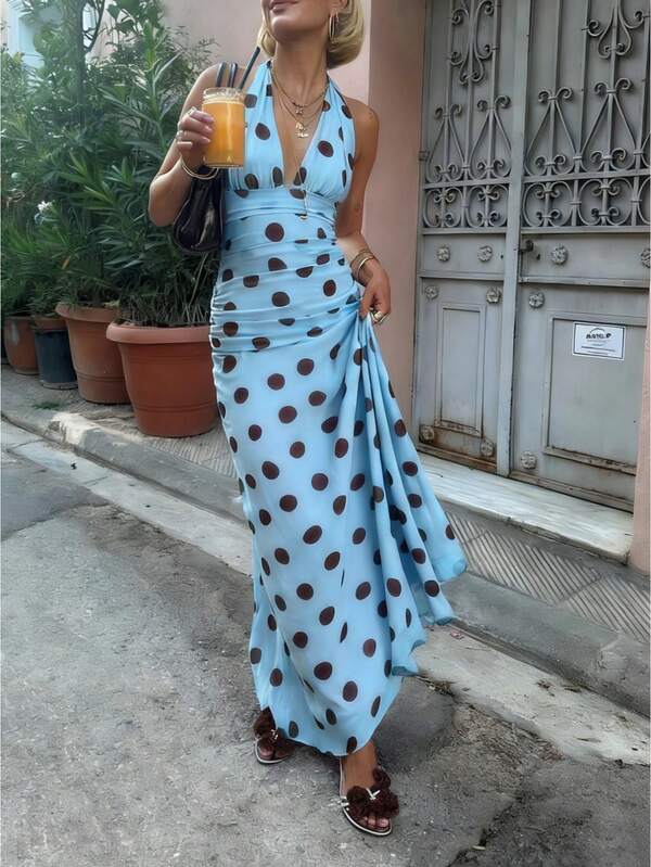 Women Chiffon Polka Dot Printing Halter Elegant Sleeveless Backless Skinny Pleated Beach Evening Cocktail Maxi Dress Party Wear
