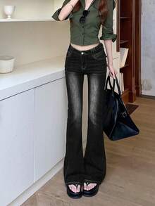 High Waist Retro Slimming Flared Jeans Casual Black Fall - Black - View 4