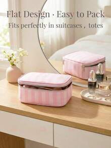 Cute Pink & White Stripe Makeup Bag With Compartments,Nylon Travel Essentials Cosmetic Bag Organizer Toiletry Bag For Women Girls, Simple Pink Portable Storage Bag With Four Different Sizes To Choose From, Suitable For Home Storage, Cosmetics Storage, Cute Appearance, Suitable As A Gift - 吐司麵包(粉紅色) - 查看 5