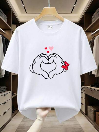 Disney 男士T恤，休闲圆领短袖，情侣心形图案印花，夏季男士上衣，适合情侣约会和旅行穿着。