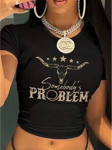 Women's Western Graphic Crop Top - Short Sleeve Crew Neck Casual Shirt With Cow Skull & "Somebody's Problem" Print, Stretchy Machine-Washable Black Tee For Spring Summer Outfits, Outfit Complement, Nontransparent Fabric - Black - View 1