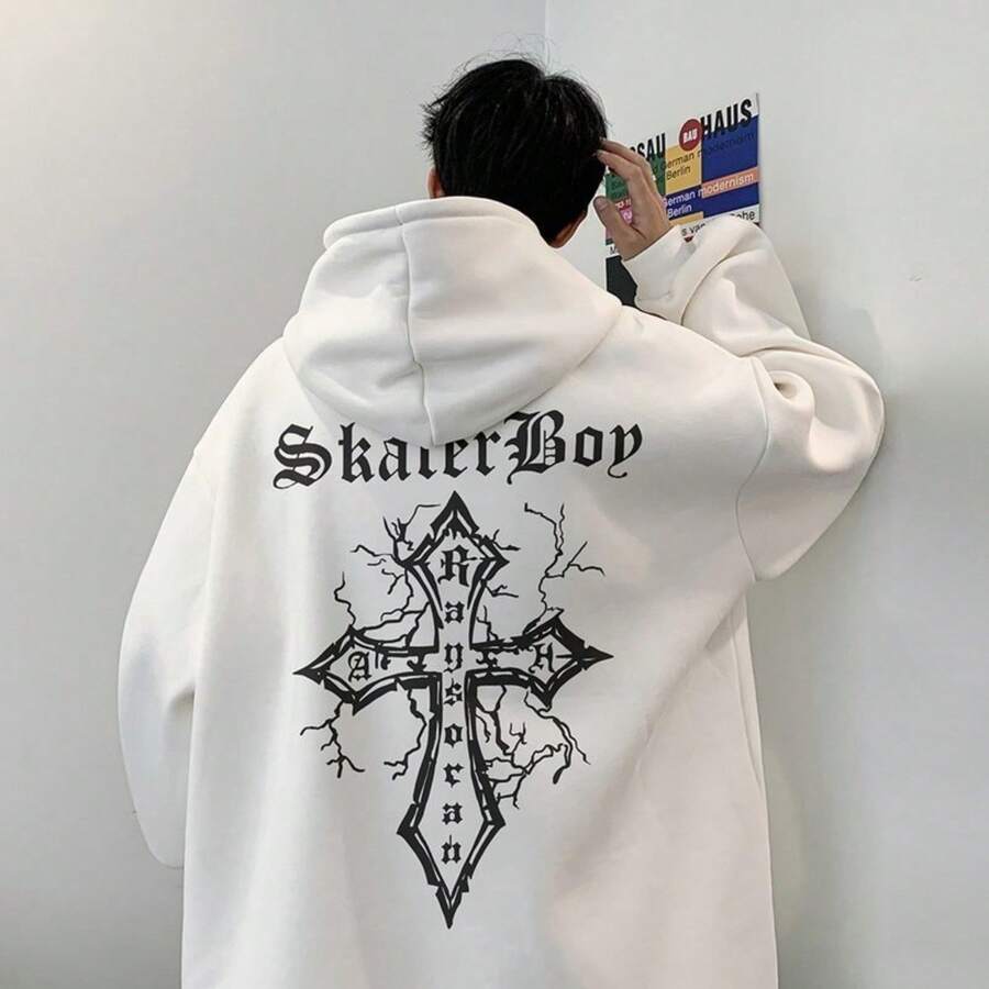 Gothic Japanese Style Hooded Sweatshirt With Cross Print - Fashionable Pullover For Men And Women - On - trắng - Xem 1