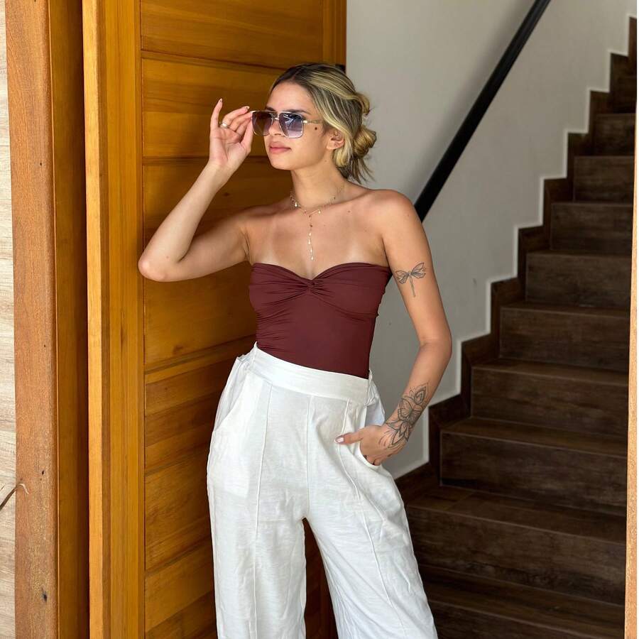 Antonella Premium Polyamide Top, Wrap Style, Luna Fashion, Party, Summer, High Versatility, Perfect Fit, Fabric, Backless, Asymmetrical Strapless Top, Night. - Rỉ Nâu - Xem 1