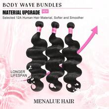 MENALUE Body Wave Bundles Human Hair 16A Brazilian Virgin Hair Bundles 18 20 22 Inch Thick Weave Natural Black Free Human Hair Extensions - Natural Black - 查看 3