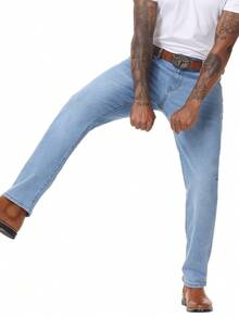 Men's Regular Fit Stretch Jeans Straight-Leg Vintage Washed Casual Denim Pants Comfort Classic Urban Streetwear - 淺色水洗藍 - 查看 2