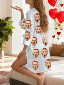 Customized Women's Robe, Can Print Funny Face Photos, Couple Avatars, Machine Washable All-Season Sleepwear And Bathrobe, Matching Couple Set, Personalized Long Sleeve Long Robe, Ideal Gift For Family, Friends On Anniversary, Unique Anniversary, Birthday, Valentine's Day - Baby Blue - View 6