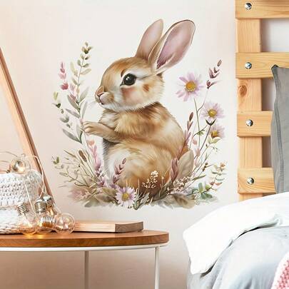 1/2/3pcs Spring Floral & Cute Rabbit Wall Stickers, Removable Self-Adhesive Waterproof PVC, Suitable For Living Room, Bedroom, TV Background, Home Decor And Easter Party Gifts