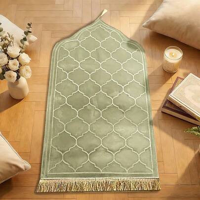 1pc Flannel Embossed Thick & Soft Prayer Rug, Anti-Slip & Easy To Clean Large Carpet Mat With Tassels