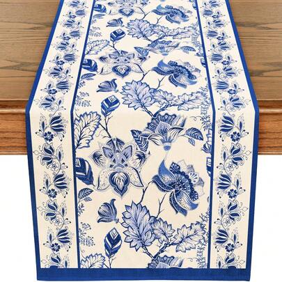 1PC Spring Blue Floral Table Runner - Seasonal Summer Farmhouse Indoor Kitchen Anniversary Wedding Dining Table Decoration Home Party