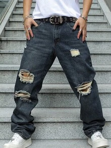 Men's Ripped Jeans Relaxed Fit Straight Leg Distressed Vintage Denim Pants Y2K Hip Hop Skater Streetwear Casual Trousers - 深色水洗藍 - 查看 2