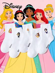 Disney 5双公主/女童白色蕾丝边袜子，可爱卡通公主/花卉图案装饰，百搭、透气、舒适、吸湿排汗、柔软，适合假期、郊游、上学、返校季穿着 - 白色 - 查看 2