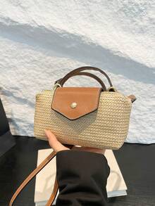 春夏新款女士迷你新月草编包，度假沙滩包，简约单肩包，磁扣饺子包，休闲可爱时尚手提包 - 卡其色 - 查看 6