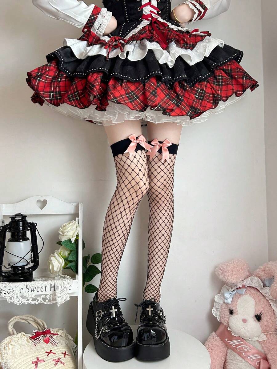 1 Pair Women's Thin Hollow-Out Mesh Thigh High Socks With Bow, Versatile For Spring/Summer, Sweet Party Wear - Black - View 1