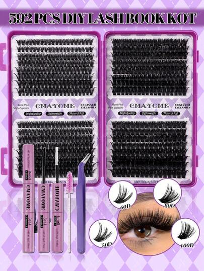 640/592/576片D型卷翘单根假睫毛，高容量假睫毛套装，含粘合剂和密封胶、镊子、睫毛刷，DIY家用假睫毛嫁接套装，新手友好，柔软自然，打造大眼妆容，蓬松浓密持久，分段式，混合款式，适合日常/淡妆/浓妆/复古/大胆眼妆。